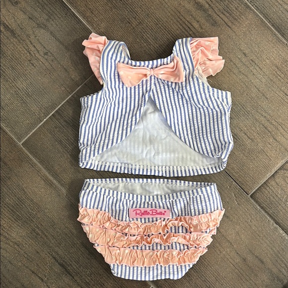 Seersucker Blue and White Stripe Ruffle Butts Bikini - Picture 2 of 4